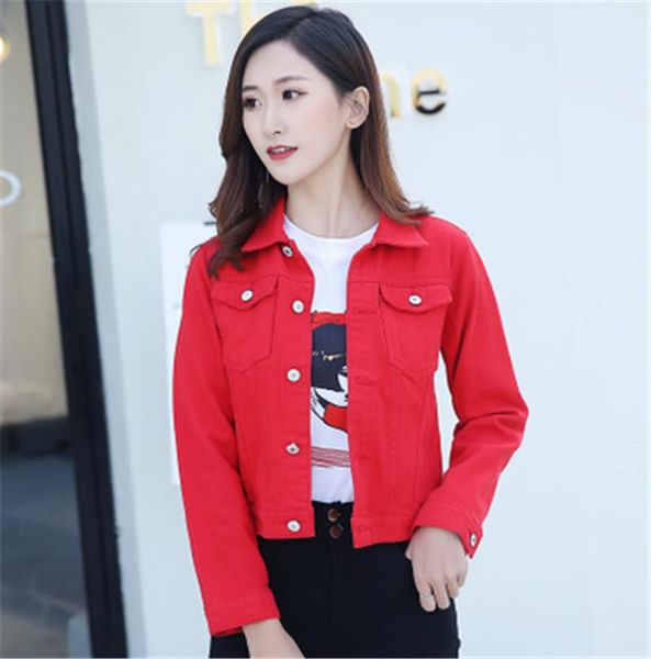 

women solid color jeans jacket fashion autumn candy color casual short denim jacket designer female long sleeve button lapel neck coat, Black;brown