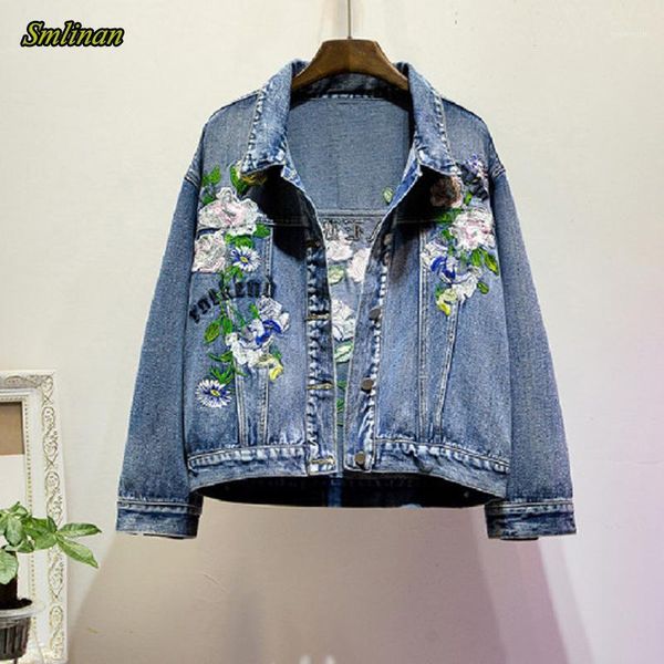 

smlinan embroidery floral harajuku denim jacket women plus size 4xl loose vinatge caquetas mujer bomber jeans coat female1, Black;brown