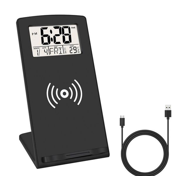 

qi wireless stand phone holder usb charging sleep timer date week 12/24 hour led digital alarm clock