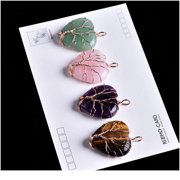 

1pc natural crystal mineral ornament heart shape tree of life pendant couple pendant necklace pendant diy gift qylqml, Black