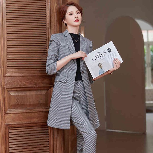 

women's two piece pants formal uniform designs pantsuits autumn winter business work wear blazers fabric office suits with long windbre, White