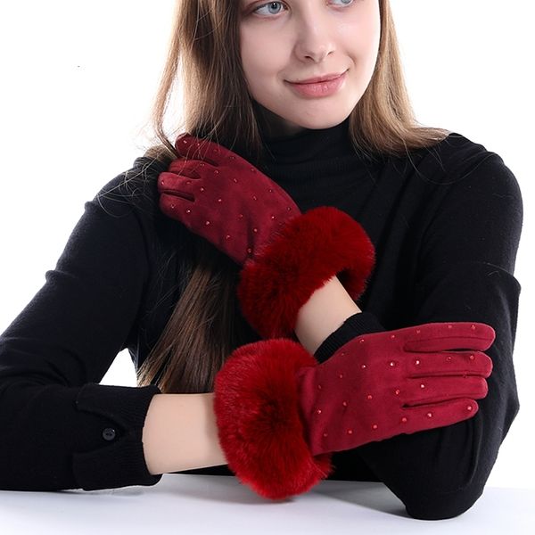 

elegant women full finger gloves faux fur thicken winter warm mittens female diamond wool phone gloves guantes mujer, Blue;gray