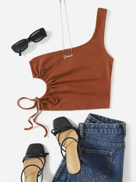 

one shoulder cutout drawstring j7w0#, White