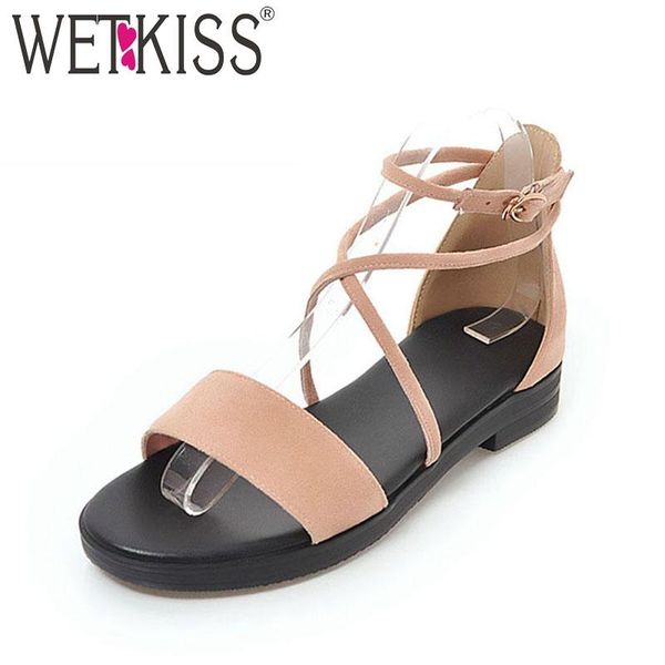 

wetkiss 2020 fashion summer flat sandals kid suede ladies shoes women cross strap shoes buckle female casual footwear, Black