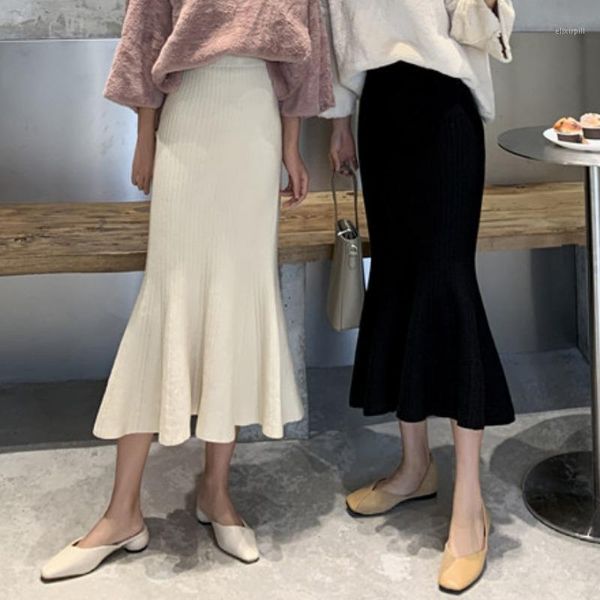 

2020 women wild solid wrap hip knitted trumpet skirt faldas fall winter korean chic ruffles slim high waist mermaid skirts1, Black