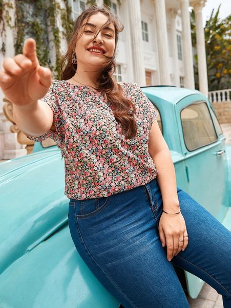 

plus batwing sleeve ditsy floral g5ef#, Black