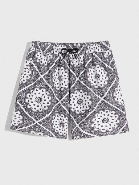 

men paisley & scarf print drawstring waist shorts d0hj#, Black