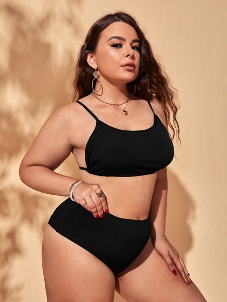 

plus solid high waisted bikini swimsuit c5ht#, Black
