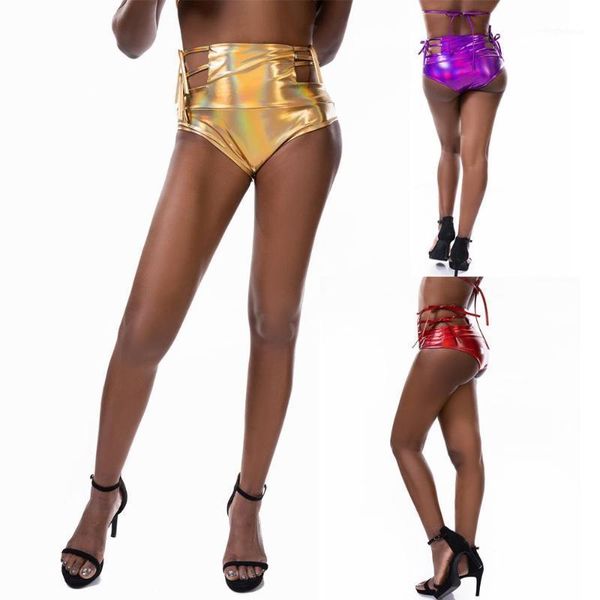 

ensnovo shiny high waist drawstring shorts rave booty shorts high cut bottoms lady1, White;black