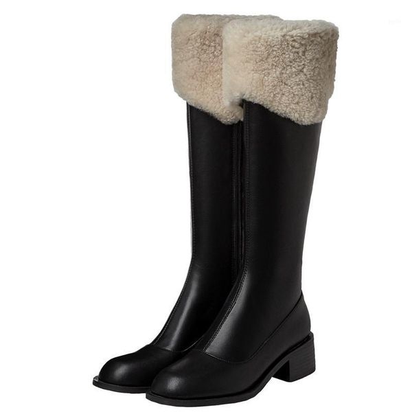 

fur velvet square toe high boots thick-soled calf knight boots female round toe leather shoes 2020 new autumn and winter1, Black