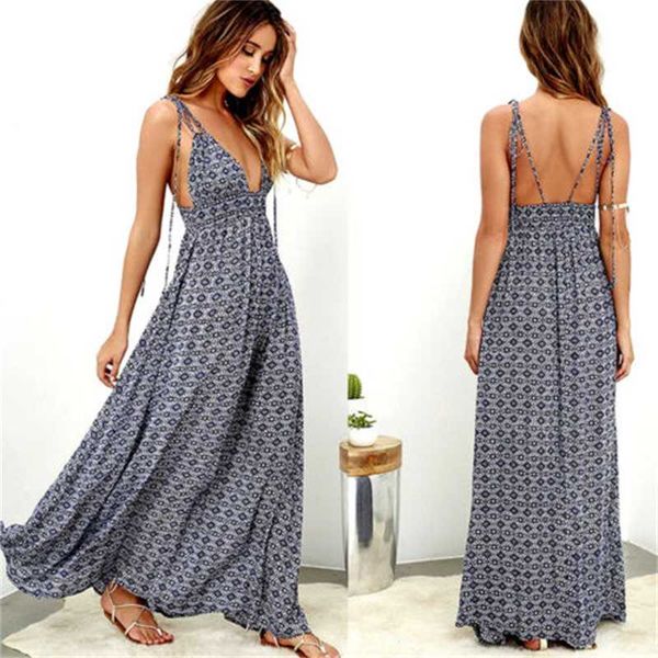 

women's summer boho casual printing long maxi evening party sling backless beach sun, Black;gray