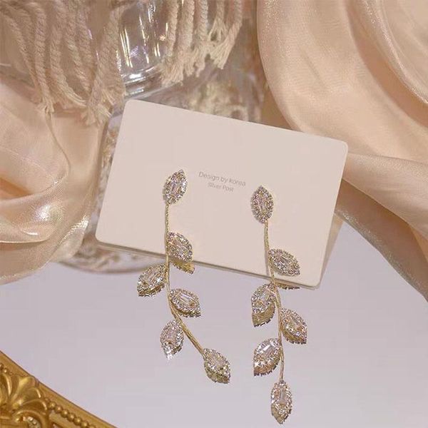 

earrings for women long fringe tree leaves wholesale korean rhinestone stud earring jewelry stainless steel, Golden;silver