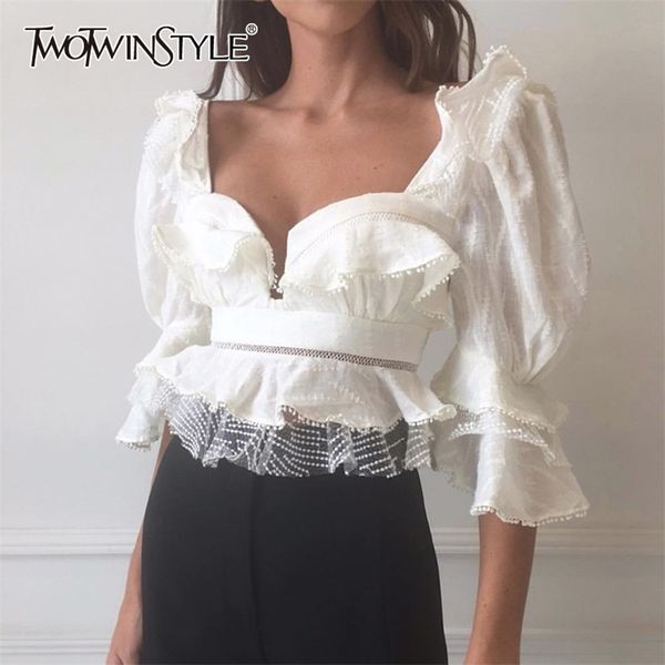 

twotwinstyle vintage patchwork lace shirt female square collar puff sleeve hollow out ruffles short blouse women fashion clothes 220209, White