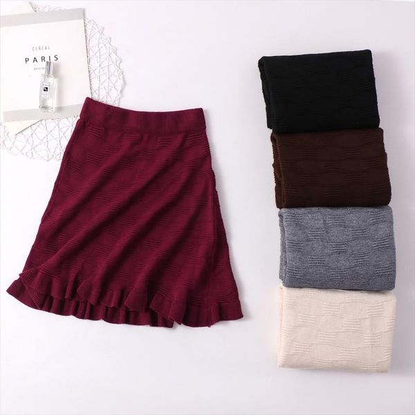 

women ruffle knitted skirt winter college style faldas mujer autumn solid saias elastic casual a line sweater skirt, Black