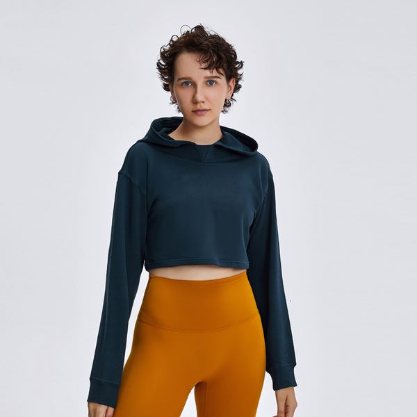 

2021 new benefits loose fit cropped hoodie loopback material workout shirts for women long sleeve yoga crop lrh0, Gray