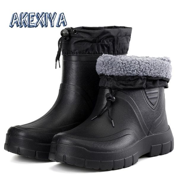 

men's rain boots plush warm men's ankle work boots waterproof fishing men wellies winter outdoor rain, Black
