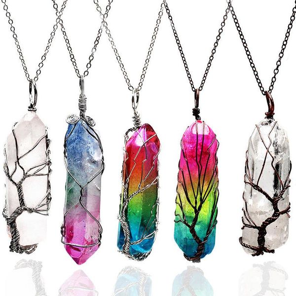 

wire wrap healing rainbow crystal necklace natural stone point chakra pendant jewelry gift for women, Silver
