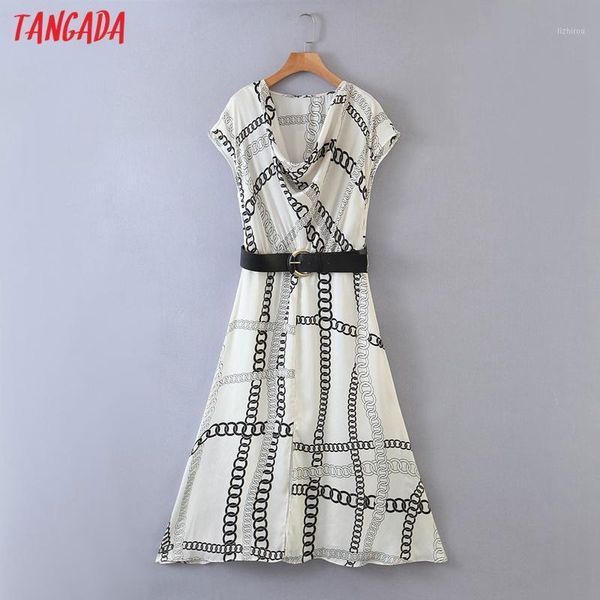 

tangada women chain print dress pleated short sleeve 2020 summer females elegant midi dresses vestidos qw3181, Black;gray