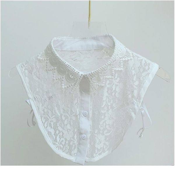 

women hollow floral lace high low hem false fake collar button adjustable sweater detachable lapel half shir qylybt, Blue;red