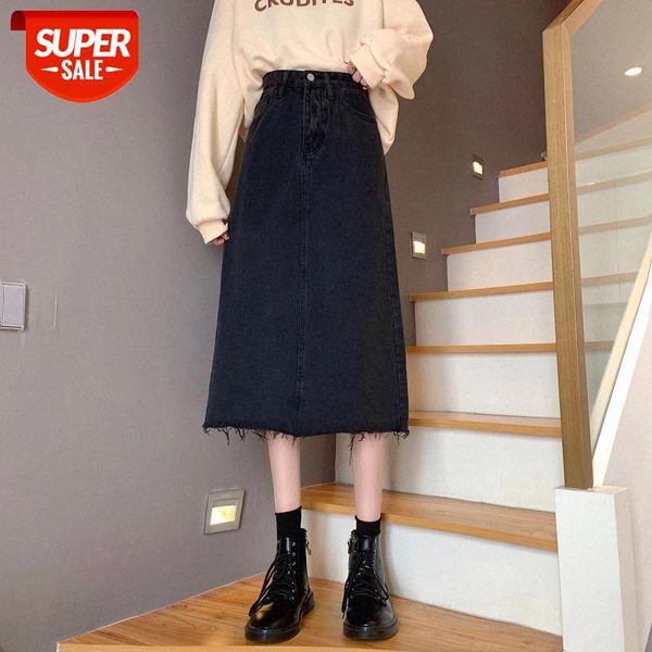 

jxmyy spring and autumn new korean version of the high-waisted thin all-match denim skirt mid-length black a-line skirt #ak0j, White;black