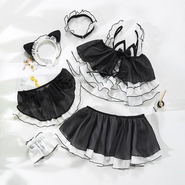 

lolita cute cat girl maid uniform transparent lingerie schoolgirl womens devil cosplay costumes anime underwear outfit1, Red;black