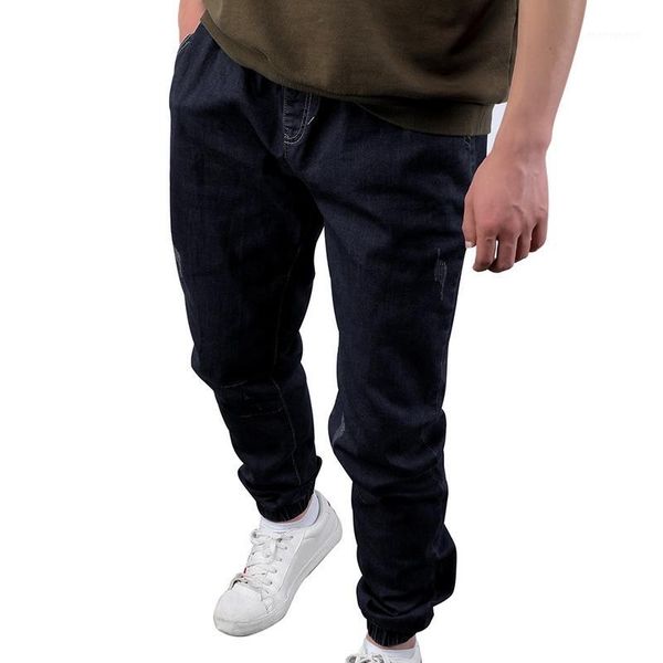 

heflashor mens leisure solid color jeans new fashion slim fit casual loose comfortable lace up pencil pants hip-hop casual pants1, Blue