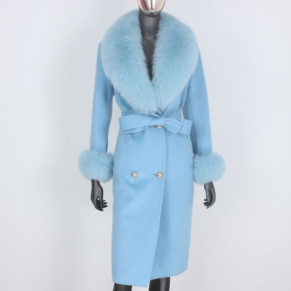 BluenessFair Cashmere lã mistura casaco de pele real casaco de inverno duplo jaqueta de inverno grande mulheres grande raposa colar de pele outerwear 210204