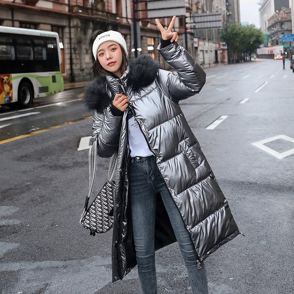 

women's down & parkas women long coat female glossy winter warm thicken faux fur coats silver jacket parker coat1, Black