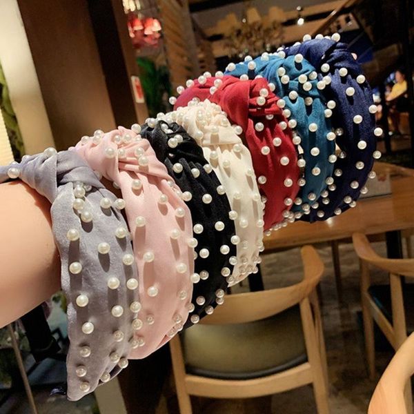 

корейский solid soft бархатный узел широкий hairband для женщин жемчуг knotted оголовье handmade волос обруч ленточнопильные девочки аксессу