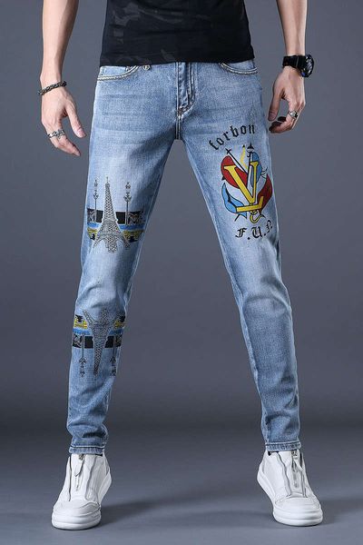 

2020 summer printed jeans men's brand slim feet korean fashion trend new casual pants 813, Blue