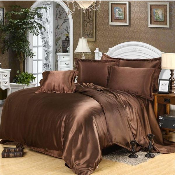 

solid color satin quilt cover fitted bed sheet linen  king size 3/4pcs coffee brown bedspread soft silk/cotton bedding set