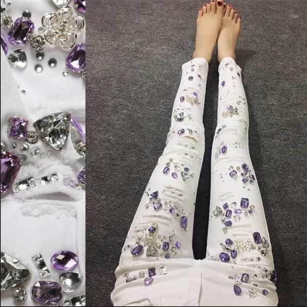 

size 25-31 luxury beading diamond ripped jeans femme pants stretch white jeans female hole woman thin denim pencil pants1, Blue
