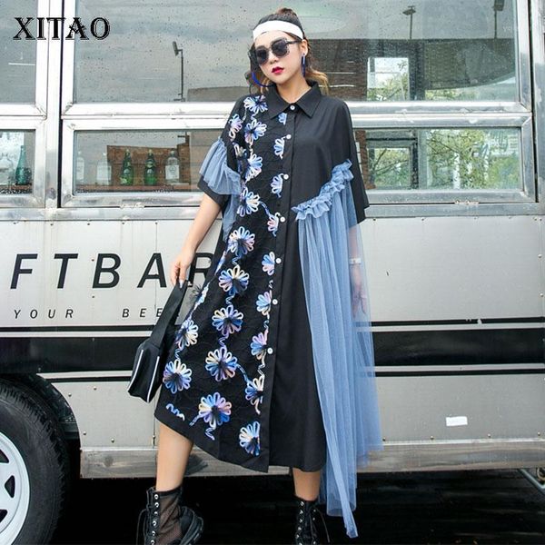 

xitao tide patchwork mesh floral dress personality irregular women clothes 2020 summer turn down collar elegant dress gcc36561, Black;gray