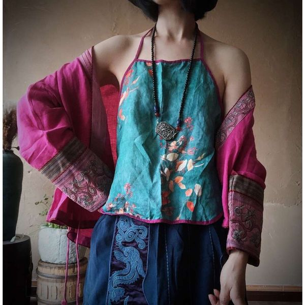 

2020 luoguni pure ramie versatile belly bag 1714 oil green flower, White