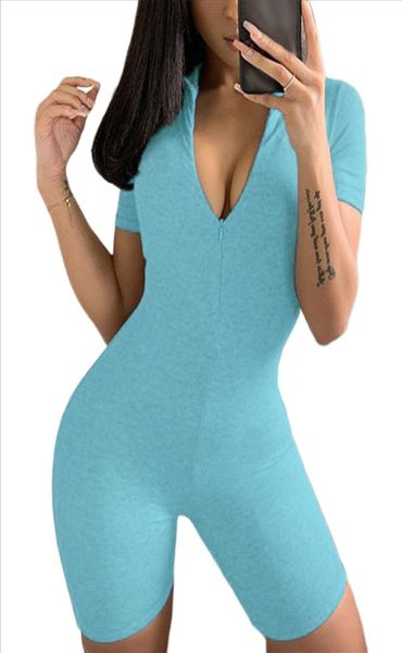 

20 women clothes jumpsuit one piece romper v neck short sleeve front zip short pants solid color tracksuit, Black;white