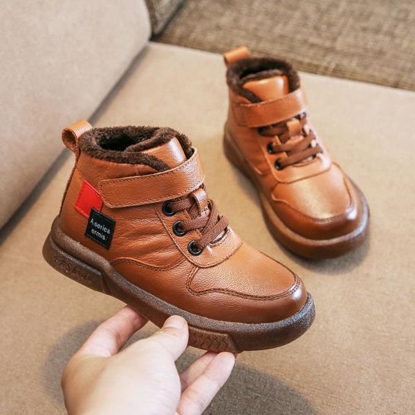 

winter boots for boys new kids martin boots school genuine leather shoes plush warm fashion children ankle snow size 26-36, Black;grey