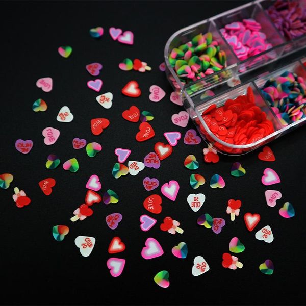 

12 grids/set polymer clay slices sequins nail design 3d valentines love heart flakes nail art decorations manicure accessories, Silver;gold