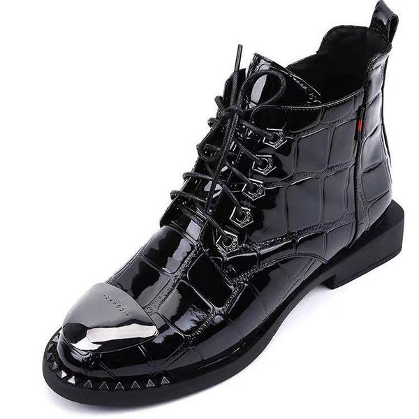 

shoes women's rubber boots boots-women rivets leather booties round toe luxury designer low heels booties rain 2020, Black
