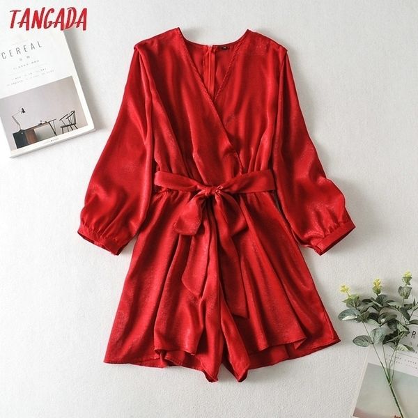 

tangada women vintage solid v neck playsuits bow tie elastic waist short sleeve rompers ladies casual chic jumpsuits ja30 y200904, Black;white