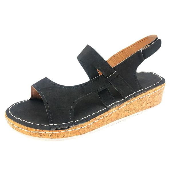 

women's sandals buckle female women casual wedges retro sewing comfort soft ladies beach shoes summer woman plus size, Black