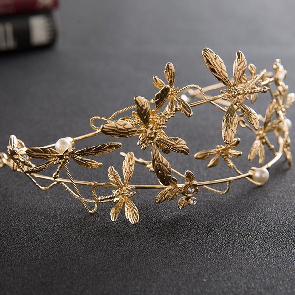 

hanmmade fashion gold dragonfly shape hairband pearl bridal headbands wedding hair accessoies metal hairwear hair jewelry 2021, Golden;silver