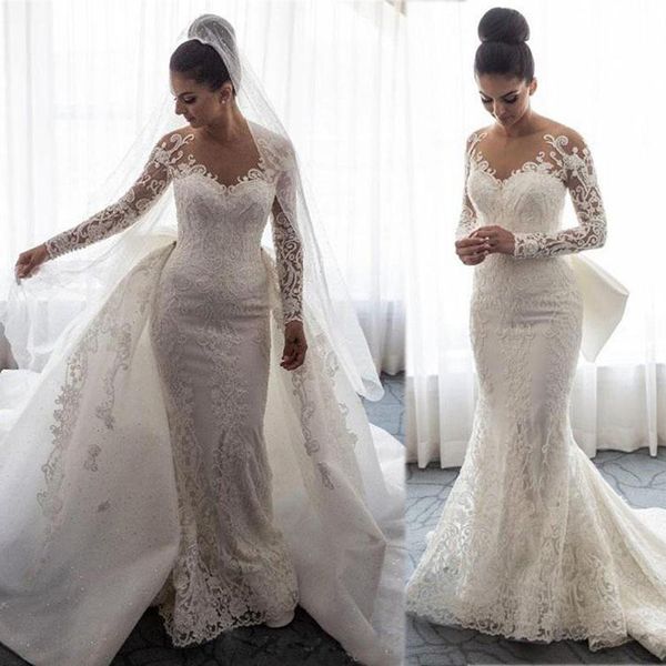 

2021 luxury mermaid wedding dresses sheer neck long sleeves illusion full lace applique bow overskirts button back chapel train, White