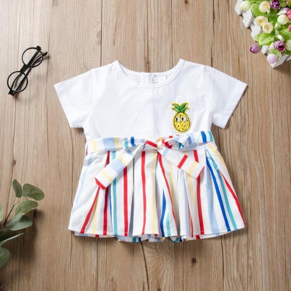 

girl's dresses 2021 baby girls toddler kids fruit print clothes patchwork stripe princess summer children robe #251, Red;yellow