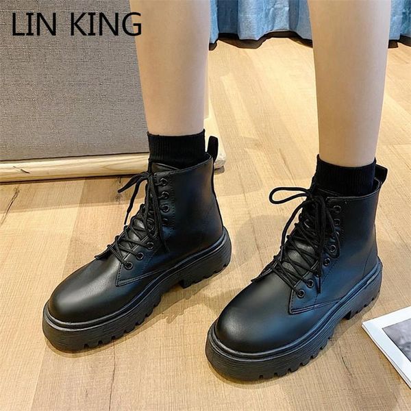 

lin king warm plush women winter boots vintage lace up short botas round toe ankle boots thick sole motorcycle shoes for woman, Black