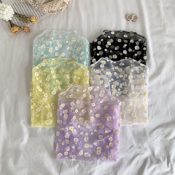 

autumn womens casual long sleeve shirts mesh pattern daisy flower printed blouse girls mesh shirts see through shirt for female, White