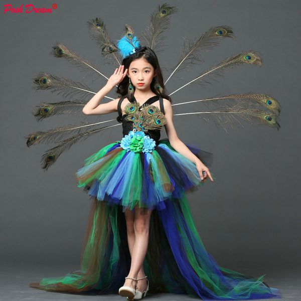 

posh dream girl peacock flower party tutu dresses for halloween with train tulle peacock princess children party evening dress t200709, Red;yellow