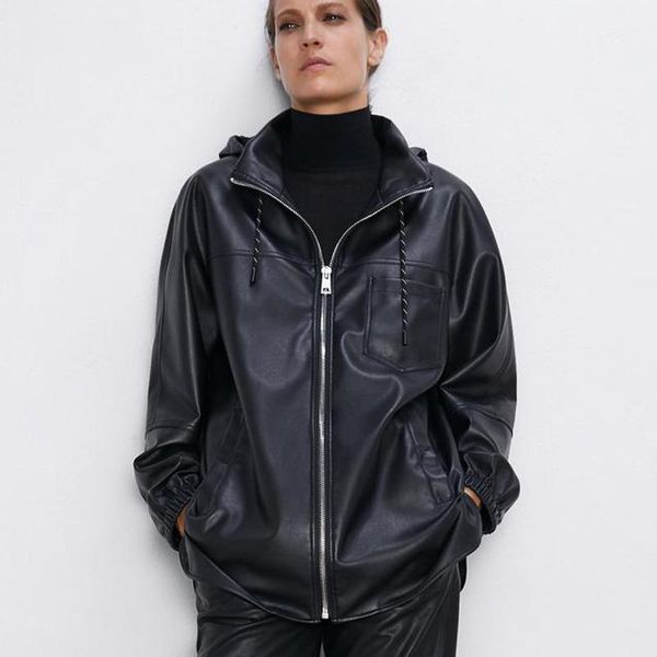

rr pu leather coats women fashion faux leather pockets jackets women elegant hooded zipper coats female ladies had1, Black