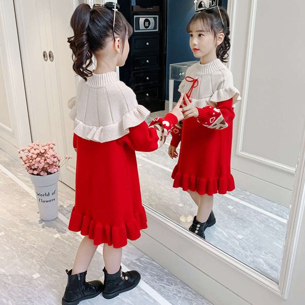 

autumn and girls' winter drs 2020 new foreign sle knitting middle school children's red christmas princs sweater skirt for childre, Blue
