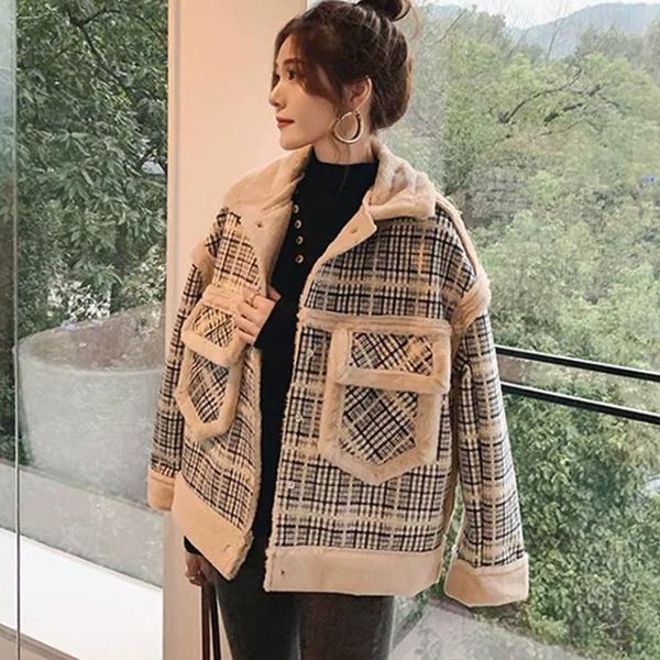 

new fashion winter jacket coat autumn winter fur inside plaid parkas jackets buttons pockets casual faux fur female jacket coats1, Black