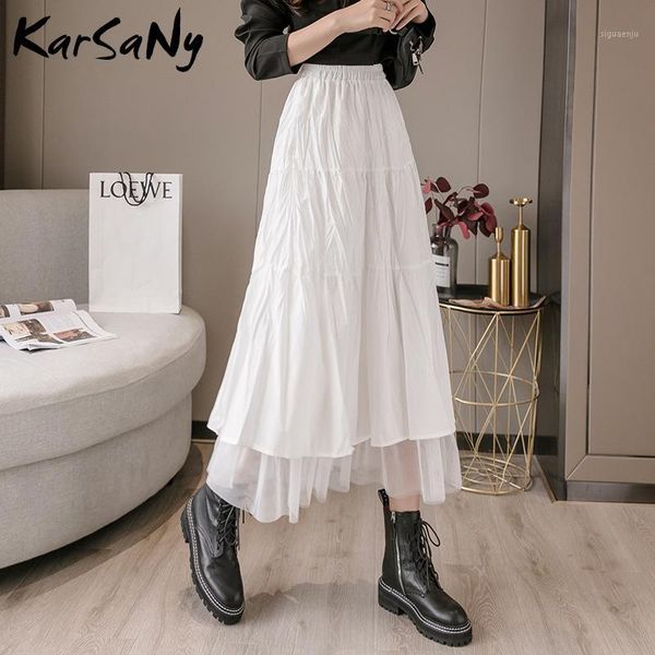 

karsany white midi skirt for women femme jupes high waist black pleated skirt mesh a line skirts summer tulle skirts for women1